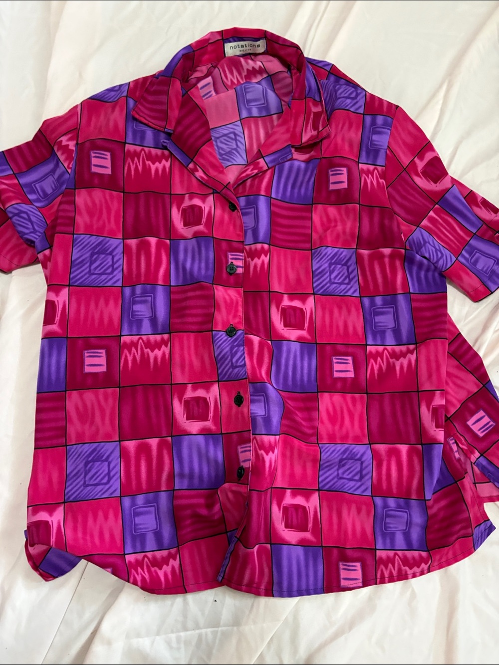 Notations Pink and Purple Geometric Check Button-Up Blouse